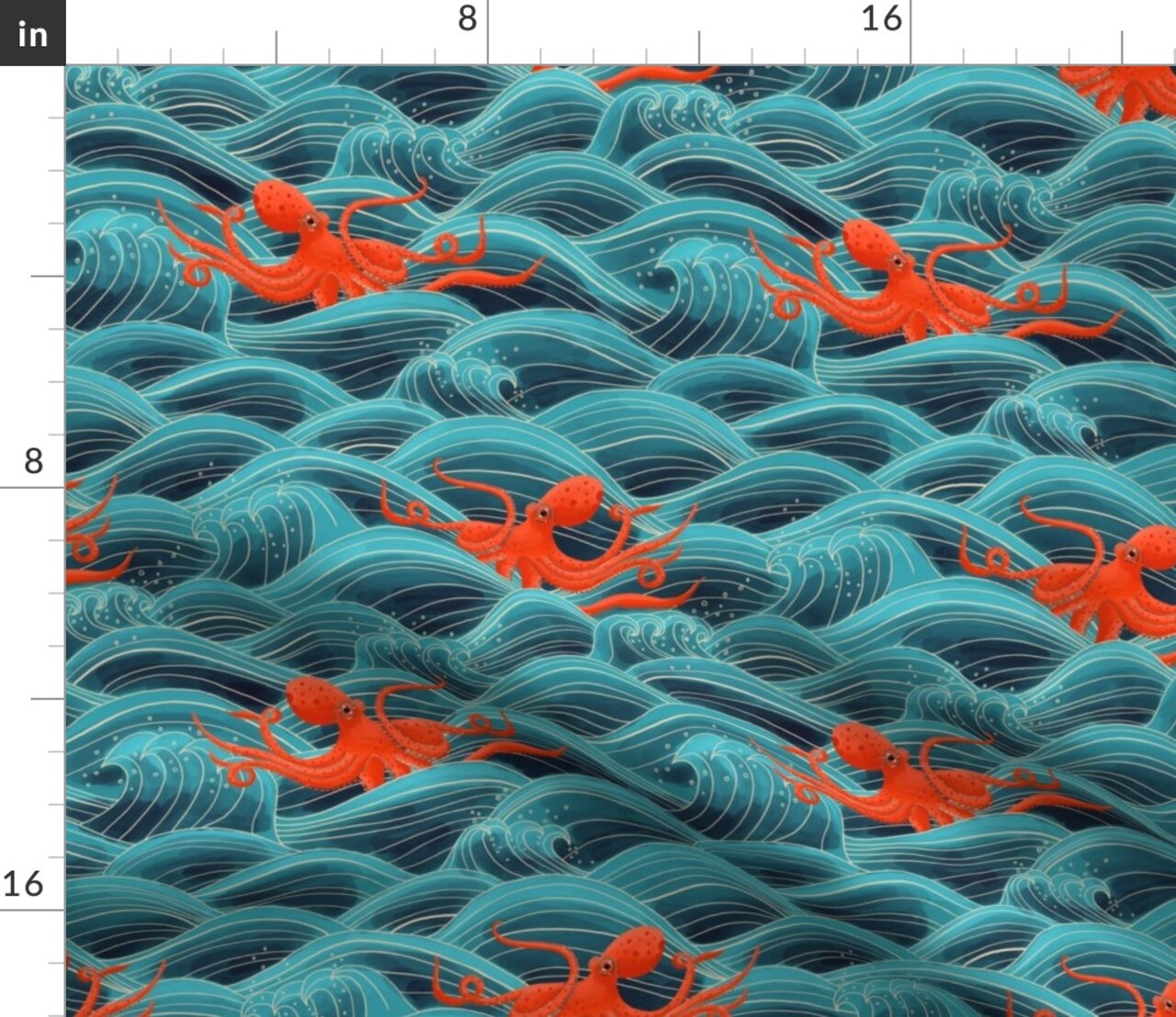 Nautical Whimsical Waves Blue Orange Custom Printed Fabric by Spoonflower Various Fabrics by the Yard or Fat Quarter